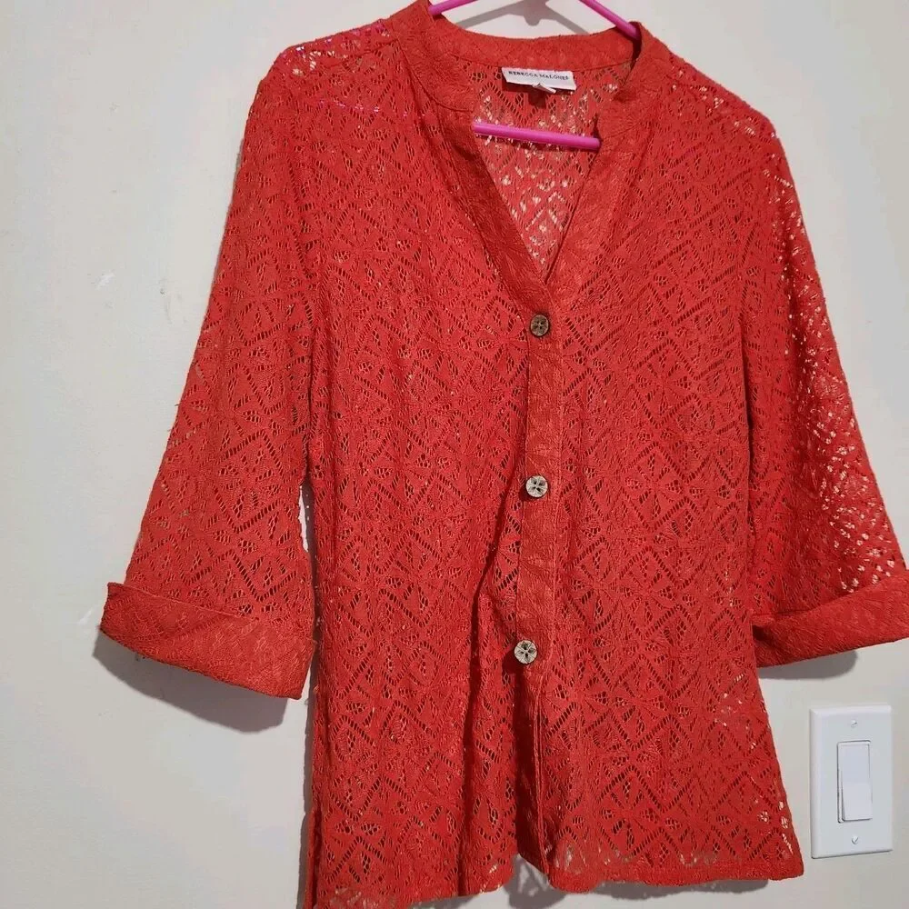Rebecca Malone Cardigan Size Small Chili Lace Sheer Lightweight Front Buttons - Picture 2 of 10